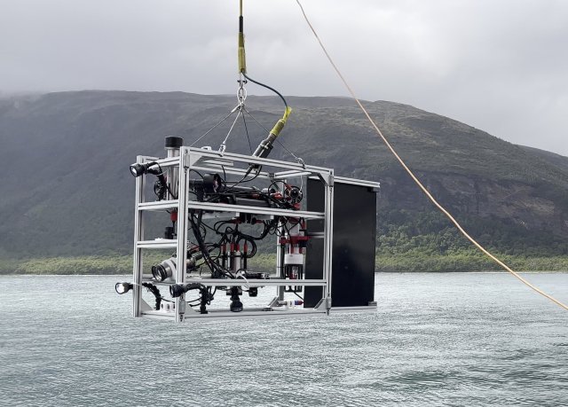 The ROV deployment has already begun, all systems are up, and the instrument has already been brought over the side of the ship. Majestically, it still hovers about 5 m above the slightly rippled water surface in front of a mighty mound. A green fringe of vegetation covers the massif, which drops away in steep slopes and a rock face. Dense forest decorates the shoreline, which is lushly coloured by the few rays of sunlight that make it through the otherwise closed cloud cover. Still, the aluminium frame with its large black stern fin that will align it in the current hangs on the hook, ready to be lowered into the water and off the line. Black and metal instruments are connected by a multitude of criss-crossing cables. The forward-facing camera resembles a Cyclops' eye, its field of vision illuminated by three spotlights. A second camera, oriented vertically downwards, points in the direction of the descent. The journey into the dark and unknown is about to begin.