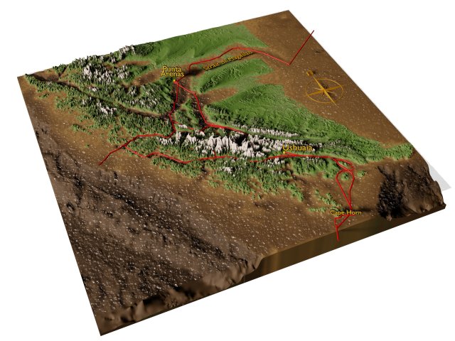 The 3D model, cut from the earth's crust like a piece of tin pie, reveals a landscape relief from the deep sea to the highest peaks of Tierra del Fuego. A red line marks the path of the Meteor during our journey, starting from Punta Arenas, through the Strait of Magellan, the Beagle Channel southwards on the west side, past Ushuaia to Cape Horn and back. Here and there are small detours into the dead ends of the fjord landscape.