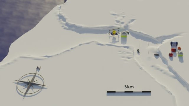 Schematic representation of the Drescher Inlet. Three-dimensional model showing the prominent points of the L-shaped crack in ice shelve. The main camp on the right side in the bend of the inlet and the ROV camp halfway to the coast.
